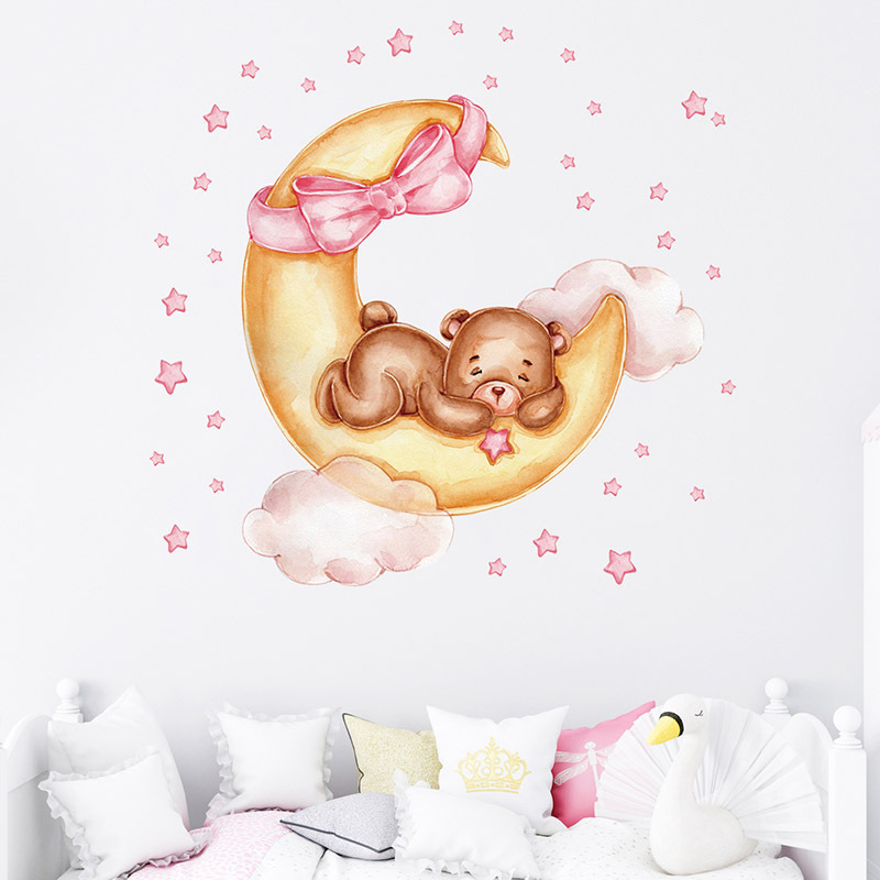 Cartoon Golden Moon Teddy Bear Pink Star Hair Band Wall Stickers for Kids Room Bedroom Nursery Decoration Wall Decal