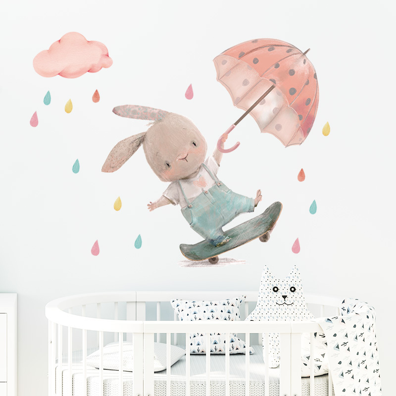 High Quality Cute Boys Bunny Skateboard Wallpaper in the Rain Cool Rabbit Baby Kids Room Interior Decoration Wall Sticker