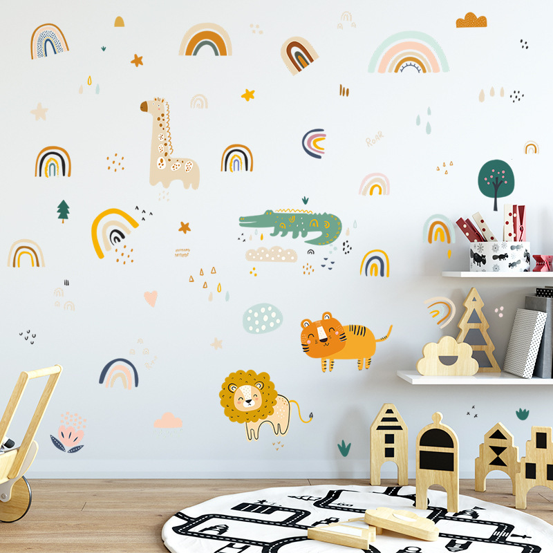 Cartoon Lion Tiger Giraffe Rainbow Wall Stickers for Kids Room Bedroom Decoration Wall Decal