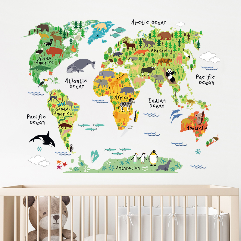 Cartoon Animals World Map Wall Stickers for Kids Room Baby Room Bedroom Nursery Decoration Wall Decal