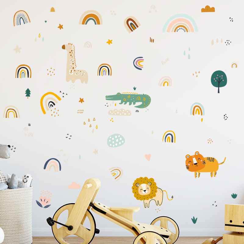 Cartoon Lion Tiger Giraffe Rainbow Wall Stickers for Kids Room Bedroom Decoration Wall Decal