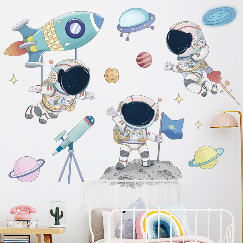 Cartoon Astronaut Space Planets Wall Stickers for Kids Room Nursery Decoration Wall Decals for Kids Room Living Room Decor PVC