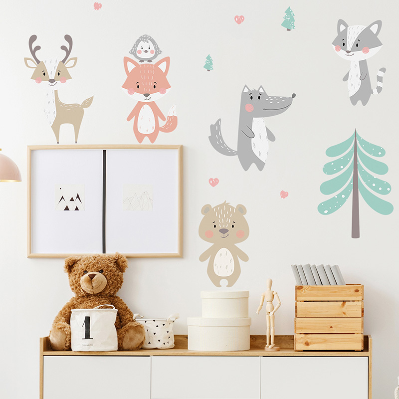 Cartoon Forest Animals Trees Bear Deer Fox Wall Stickers for Kids Room Baby Room Nursery Decoration Wall Decal