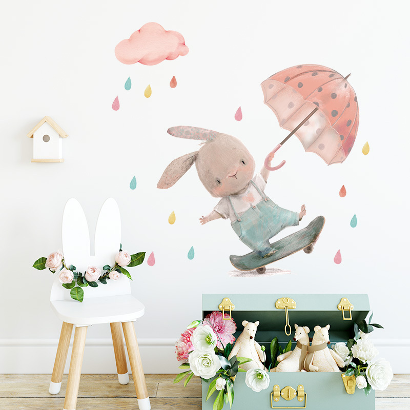 High Quality Cute Boys Bunny Skateboard Wallpaper in the Rain Cool Rabbit Baby Kids Room Interior Decoration Wall Sticker