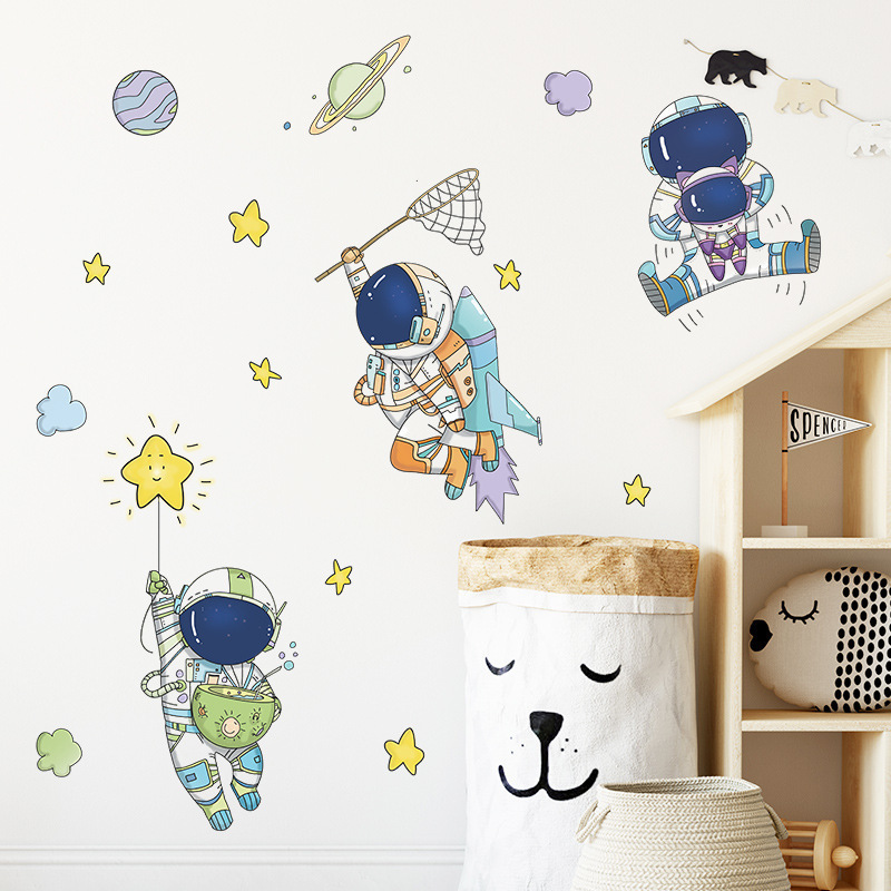 Cartoon Astronauts Catch Stars Wall Stickers for Kids Room Bedroom Nursery Decorative Wall Decal