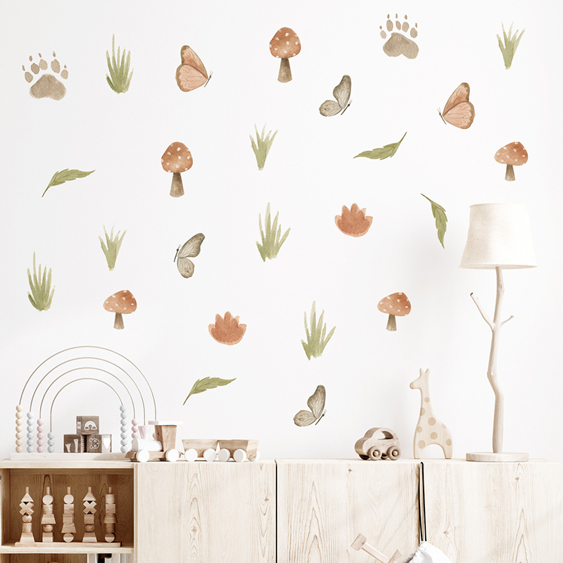 Cartoon Mushroom Butterfly Grass Bear Footprint Wall Stickers for Kids Room Bedroom Kindergarten Decoration Wall Decal