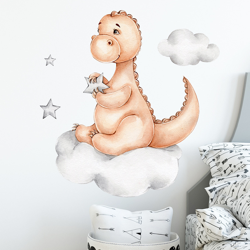 Cartoon Baby Dinosaur Sitting on the Cloud Wall Sticker for Kids Room Nursery Home Decoration Wall Decal