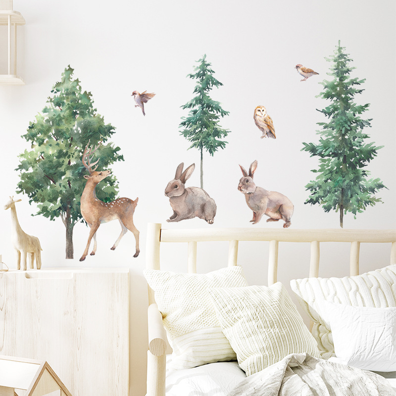 Cartoon Forest Deer Pine and Cypress Wall Stickers for Kids Room Bedroom Nursery Decoration Wall Decal