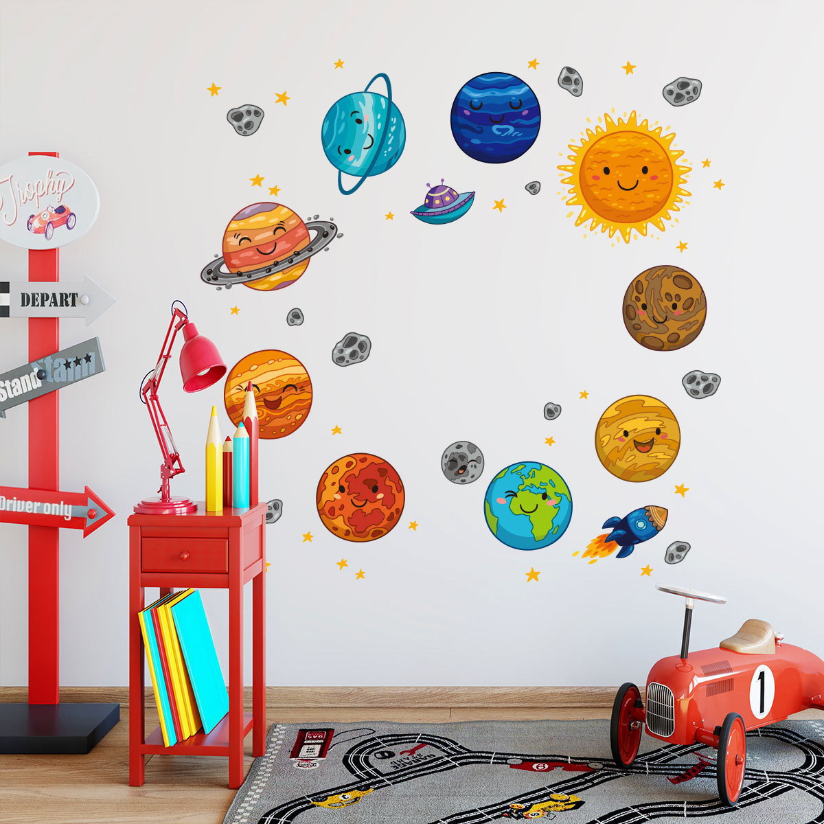 Cartoon Space Planets Astronaut Wall Stickers for Kids Room Living Room Nursery Home Decoration Wall Decal