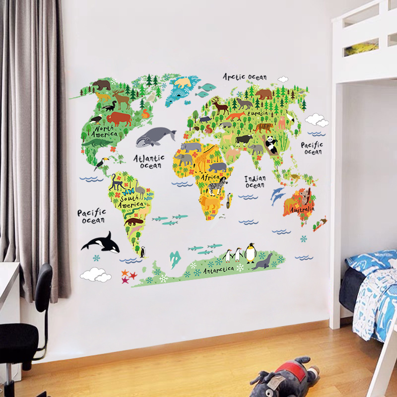 Cartoon Animals World Map Wall Stickers for Kids Room Baby Room Bedroom Nursery Decoration Wall Decal