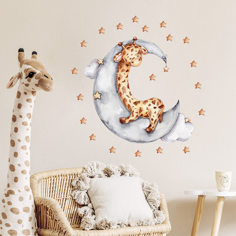 Baby Giraffe Sleep on Moon Gold Stars Wall Stickers for Kids Room Bedroom Nursery Decoration Wall Decal