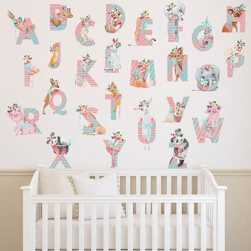 Pink Animals Alphabet Wall Decal for Kids Room Living Room Nursery Decorative Wall Sticker