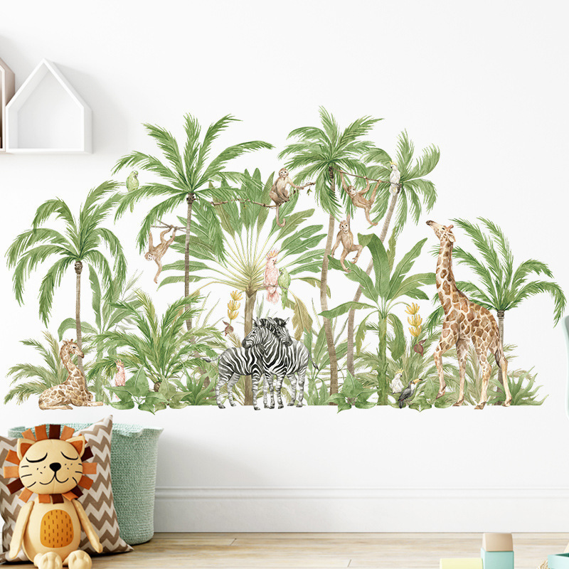 Tropical Plant Coconut Tree Animal Wall Stickers for Kids Room Bedroom Living Room Decoration Wall Decal