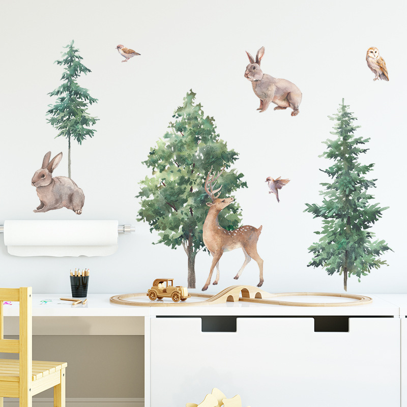 Cartoon Forest Deer Pine and Cypress Wall Stickers for Kids Room Bedroom Nursery Decoration Wall Decal