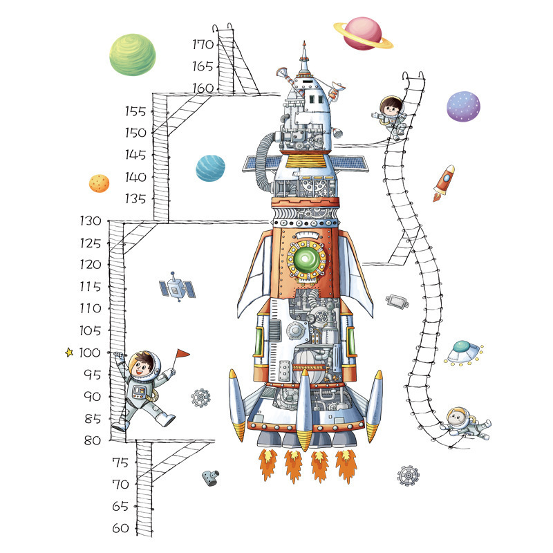 Cartoon Space Rocket Height Measuring Ruler Wall Stickers for Kids Room Nursery Living Room Decoration Wall Decals