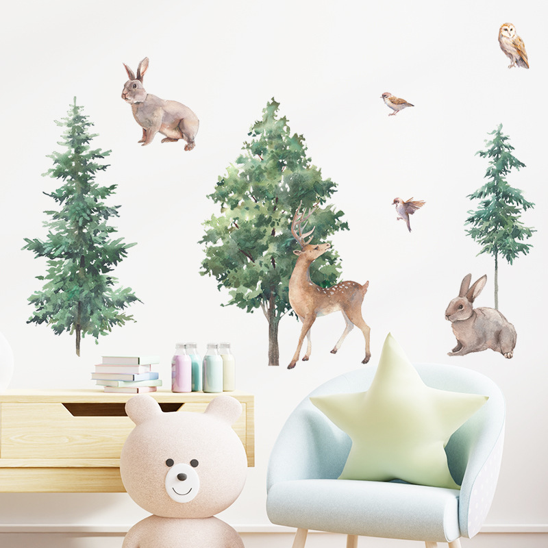 Cartoon Forest Deer Pine and Cypress Wall Stickers for Kids Room Bedroom Nursery Decoration Wall Decal