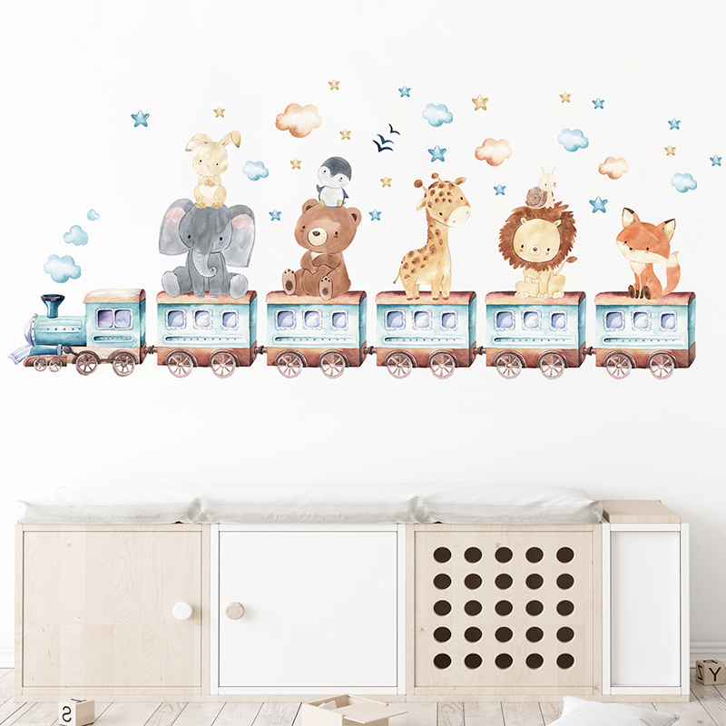 Cartoon Animal Train Wall Stickers For Kids Room Bedroom Nursery Decoration Wall Decal