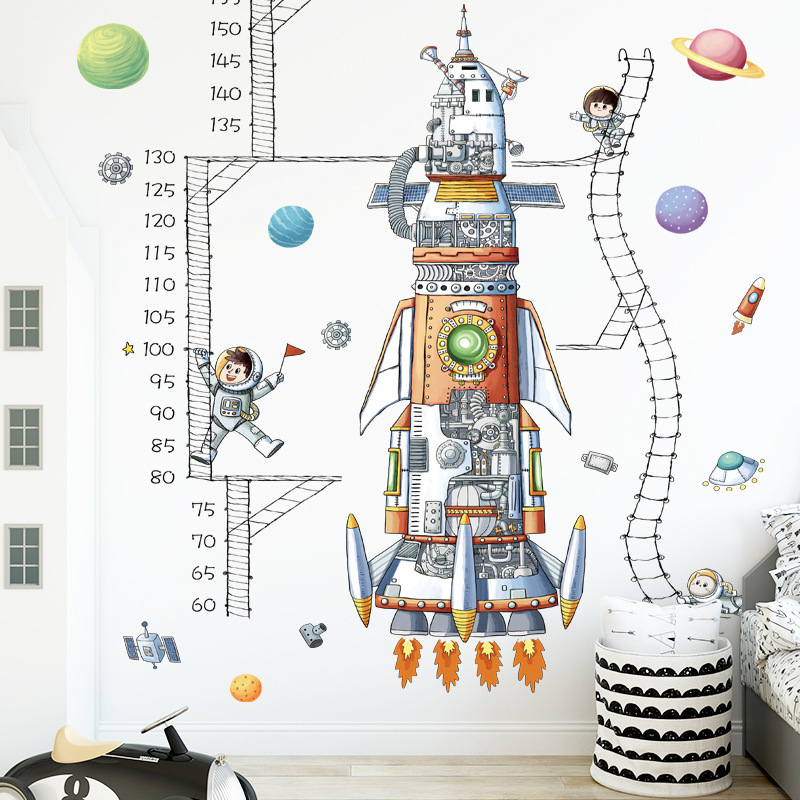 Cartoon Space Rocket Height Measuring Ruler Wall Stickers for Kids Room Nursery Living Room Decoration Wall Decals