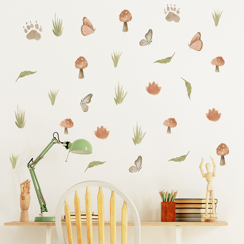 Cartoon Mushroom Butterfly Grass Bear Footprint Wall Stickers for Kids Room Bedroom Kindergarten Decoration Wall Decal