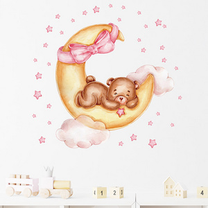 Cartoon Golden Moon Teddy Bear Pink Star Hair Band Wall Stickers for Kids Room Bedroom Nursery Decoration Wall Decal