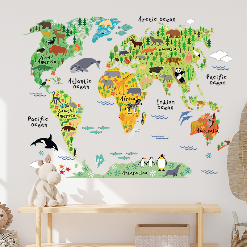 Cartoon Animals World Map Wall Stickers for Kids Room Baby Room Bedroom Nursery Decoration Wall Decal