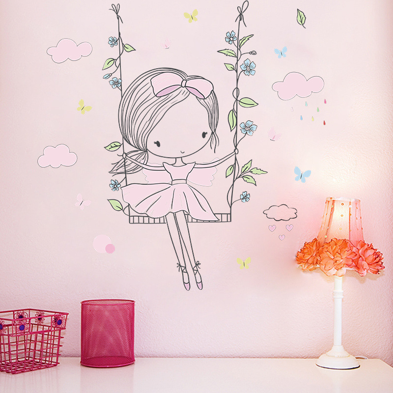 Little Girl Swings Wall Stickers for Kids Room Bedroom Nursery Decoration Wall Decal