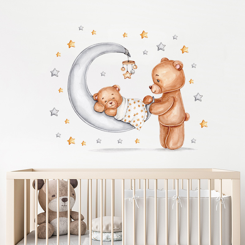 Motherly Love Theme Good Night Bear Wall Stickers for Kids Baby Room Bedroom Decorative Wall Decal