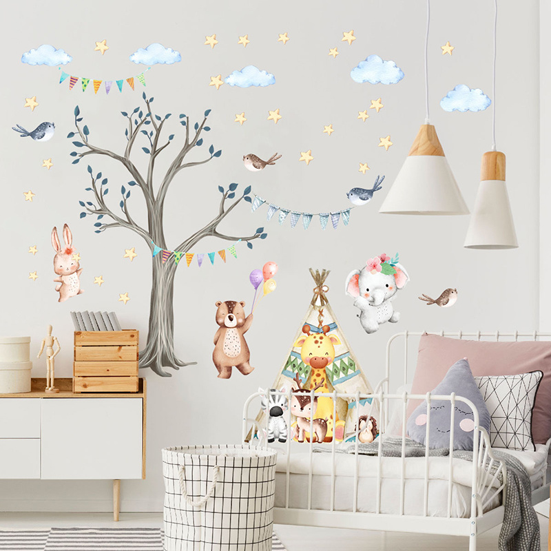 Forest Animals Trees Tent Bear Elephant Wall Stickers for Kids Room Bedroom Nursery Room Decoration Wall Decal