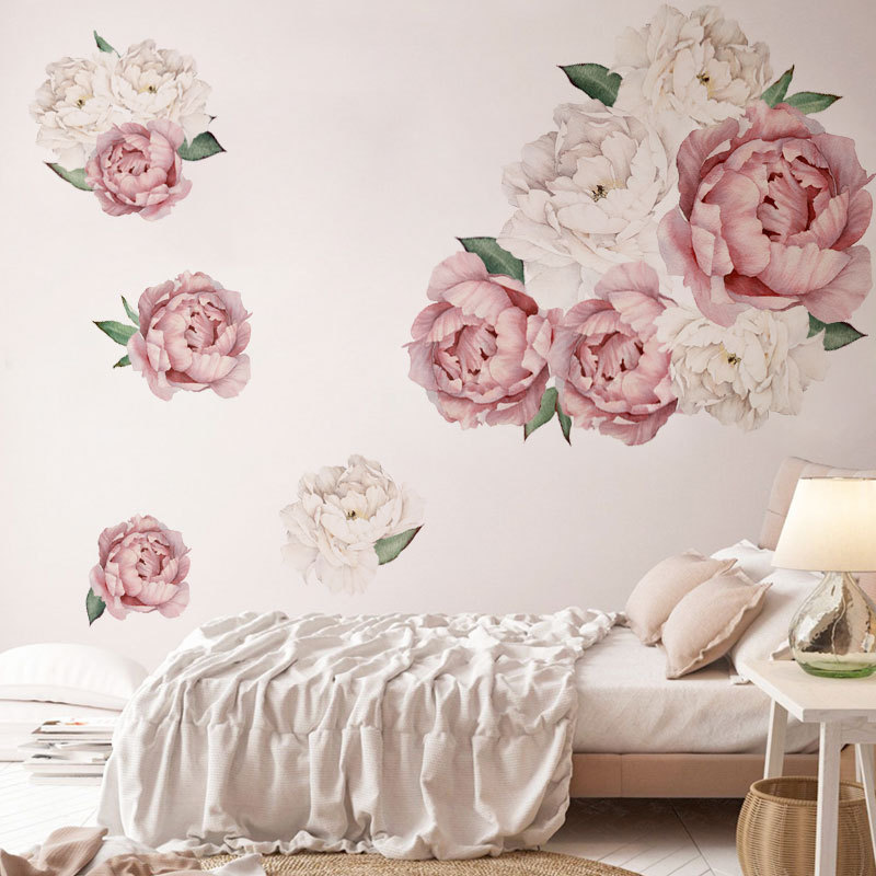 Pink White Peony Flowers Wall Stickers for Kids Room Living Room Bedroom Home Decorative Wall Decal