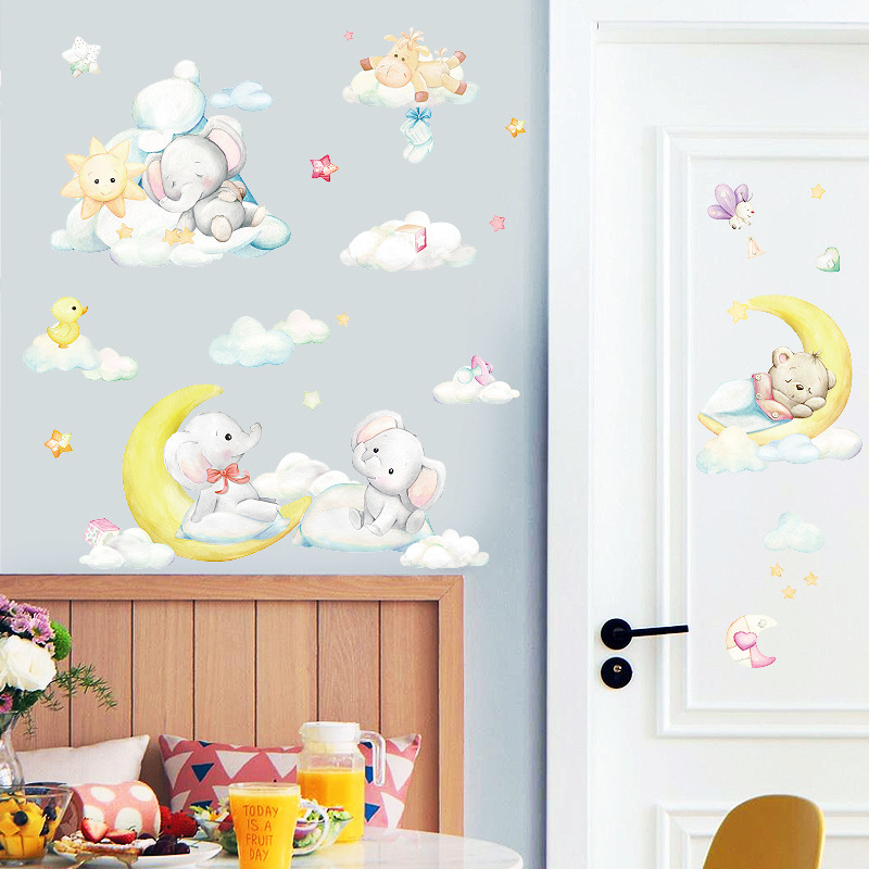 Cartoon Baby Bear Moon Cloud Wall Stickers for Kids Room Bedroom Nursery Home Decoration Wall Decal