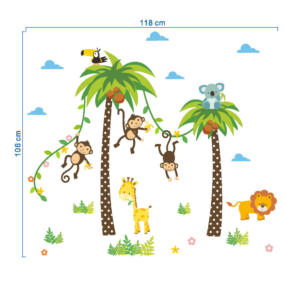 Animals Coconut Tree Monkeys and lion Wall Stickers for Kids Room kindergarten Nursery Decorative Wall Decal