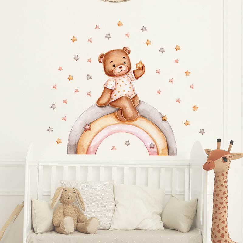 Girl Bear Rainbow Star Wall Sticker for Kids Room Bedroom Nursery Home Decoration Wall Decal