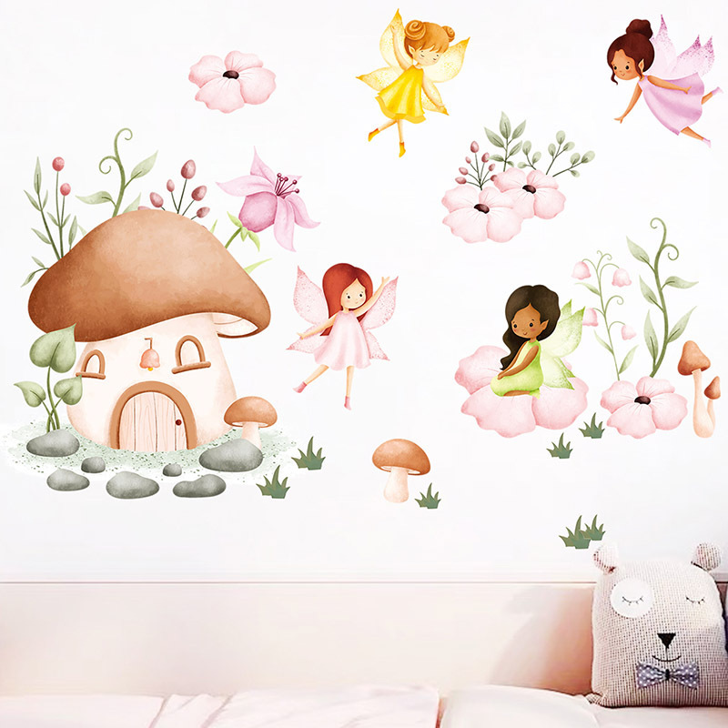 Cartoon Elf Mushroom House Wall Stickers for Kids Room Bedroom Nursery Decoration Wall Decal