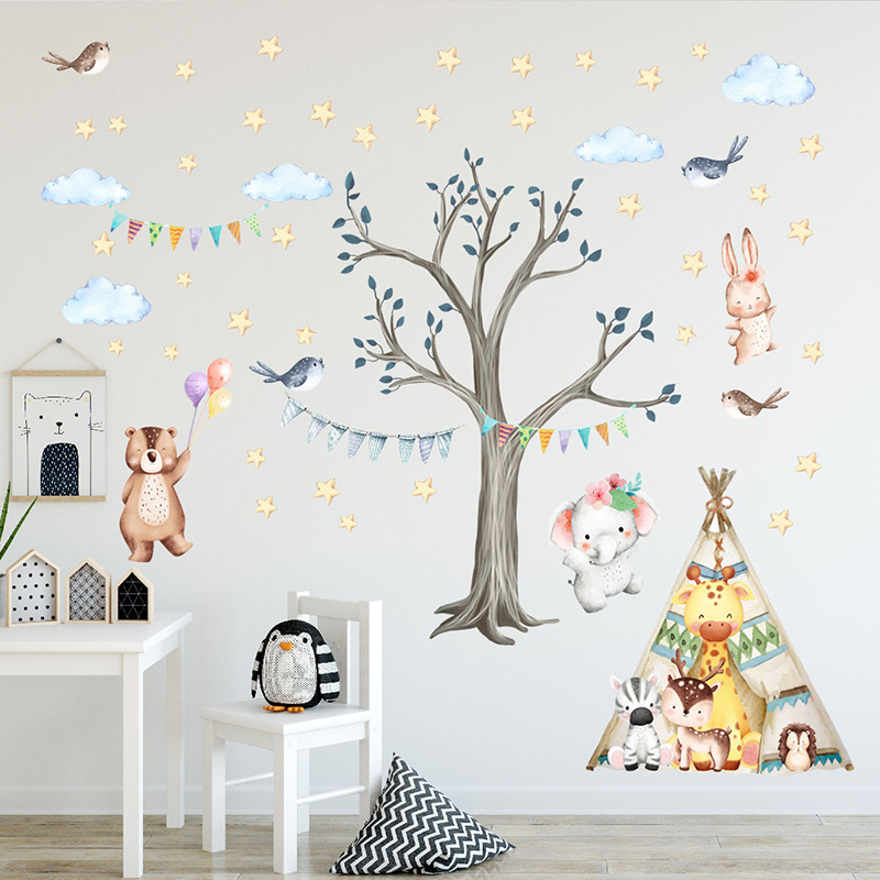 Forest Animals Trees Tent Bear Elephant Wall Stickers for Kids Room Bedroom Nursery Room Decoration Wall Decal