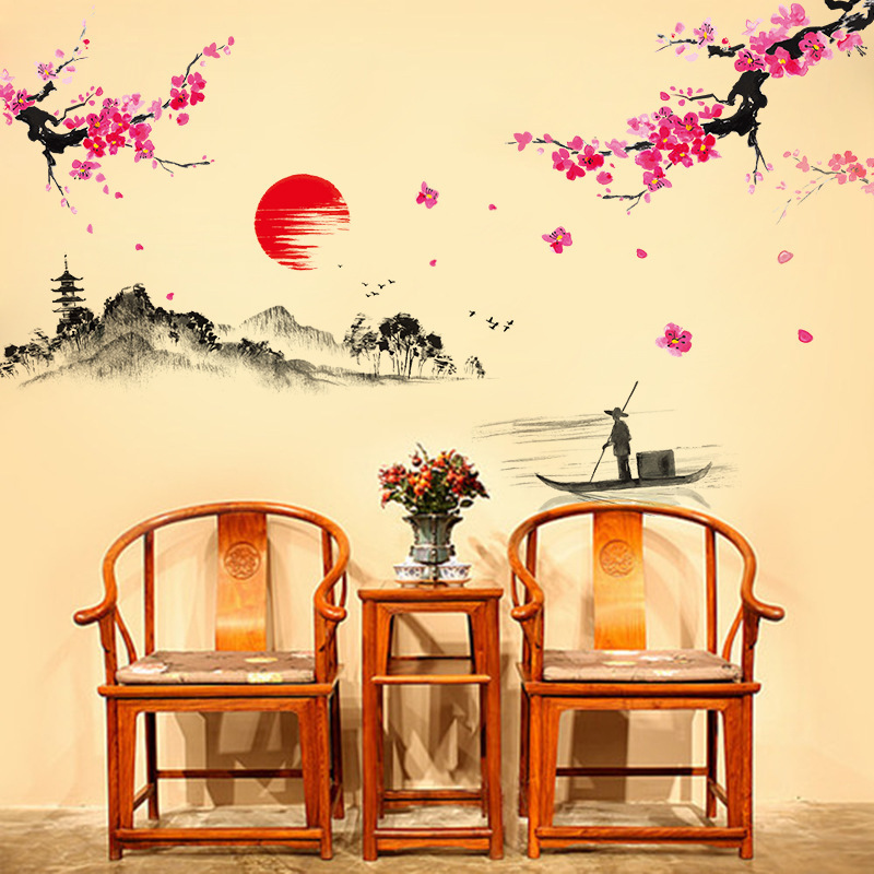 Sunset Distant Mountains Chinese Style Ink Wall Stickers Living Room TV Sofa Background Home Decoration Decals