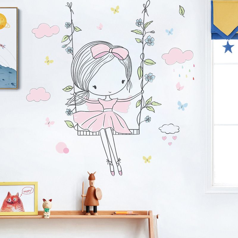 Little Girl Swings Wall Stickers for Kids Room Bedroom Nursery Decoration Wall Decal