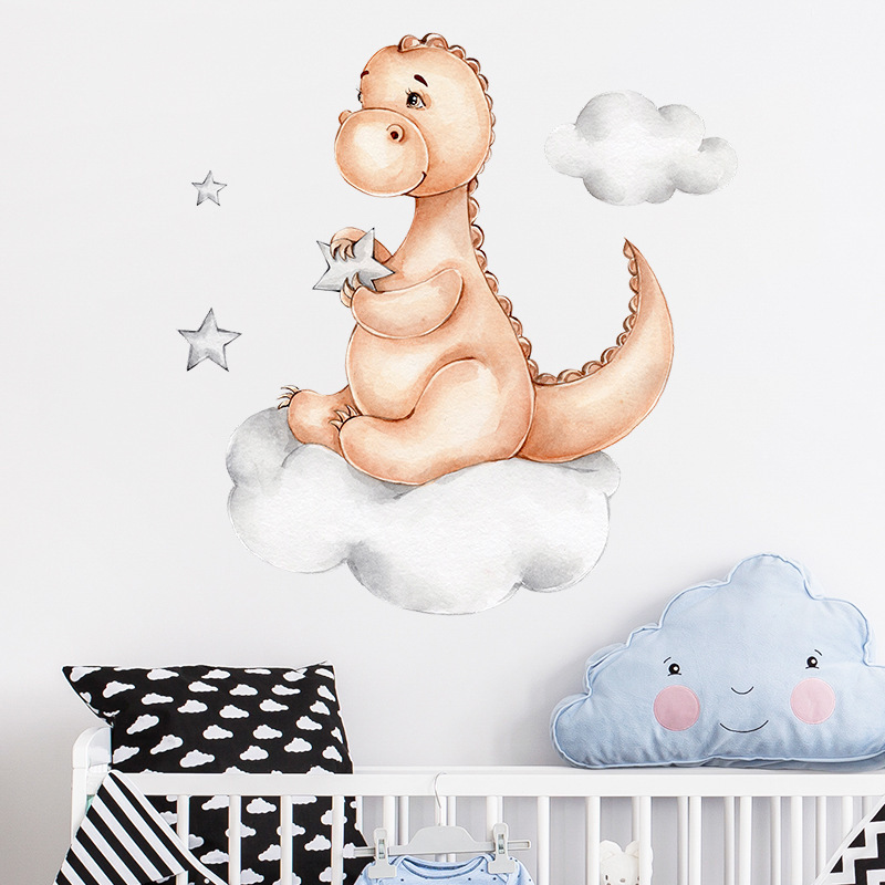 Cartoon Baby Dinosaur Sitting on the Cloud Wall Sticker for Kids Room Nursery Home Decoration Wall Decal