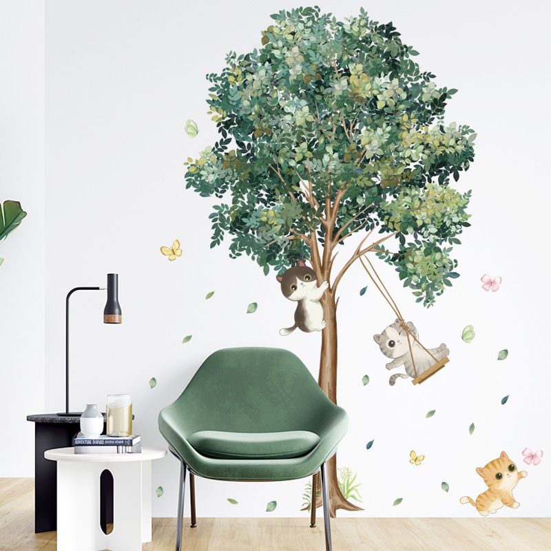 Cute Cat Plant Tree Wall Stickers for Kids Room Living Room Bedroom Home Decorative Wall Decal