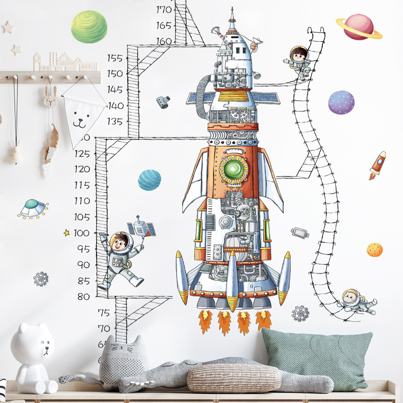 Cartoon Space Rocket Height Measure Wall Stickers for Kids Room Nursery Living Room Decoration Wall Decals