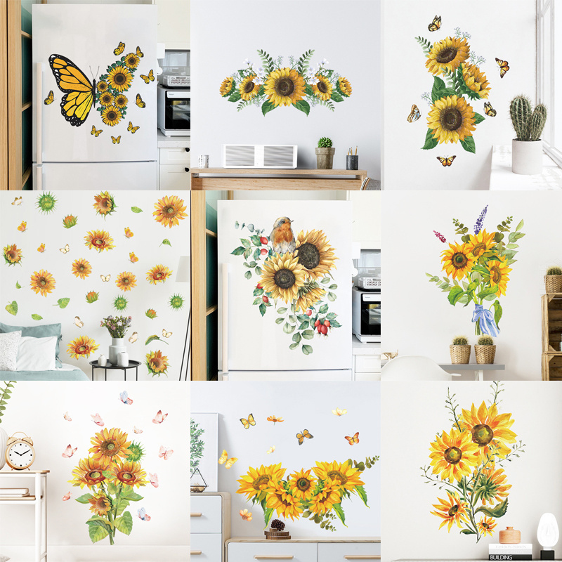 Watercolor Sunflower Birds Butterfly Plants Wall Stickers for Refrigerator Furniture Kitchen Toilet Decorative Wall Decals Pvc