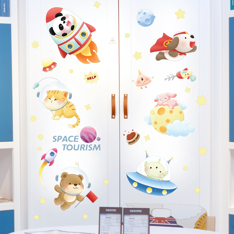 Cartoon Animal Space Travel Wall Stickers for Kids Room Bedroom Nursery Decoration Wall Decal