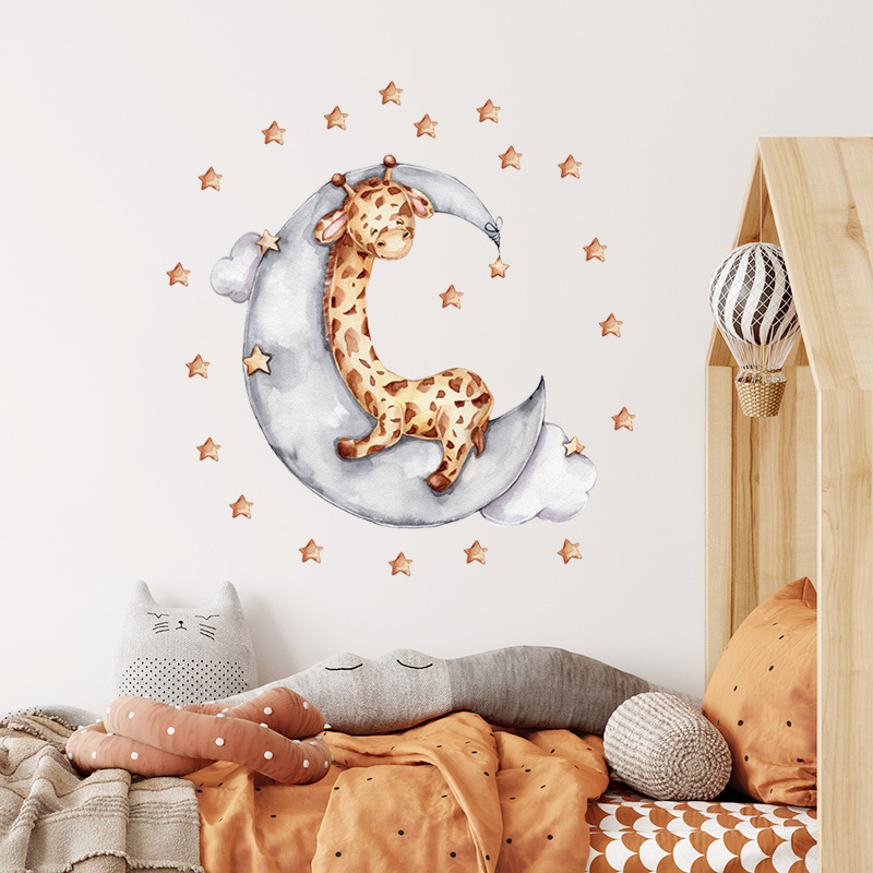 Baby Giraffe Sleep on Moon Gold Stars Wall Stickers for Kids Room Bedroom Nursery Decoration Wall Decal