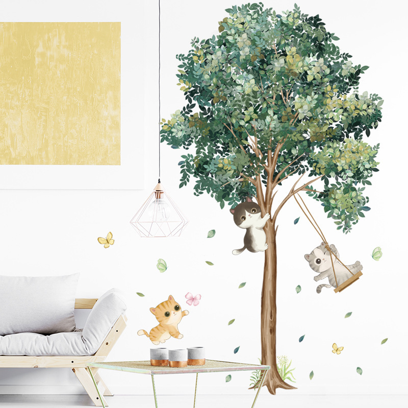 Cute Cat Plant Tree Wall Stickers for Kids Room Living Room Bedroom Home Decorative Wall Decal