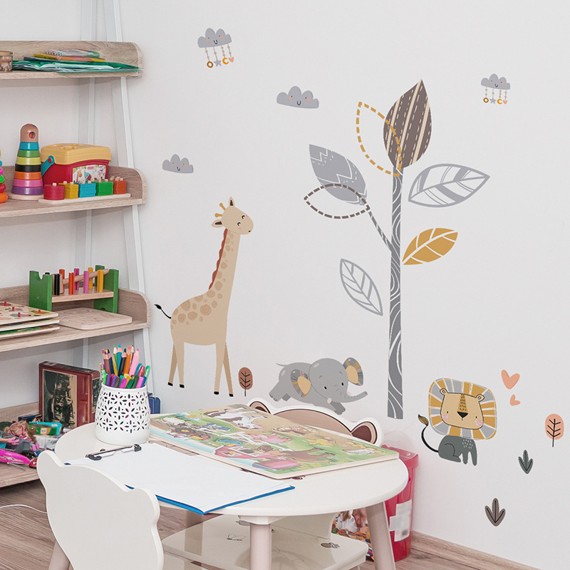 Animals Tree Cloud Wall Stickers for Kids Baby Room Nursery Bedroom Decorative Wall Decals