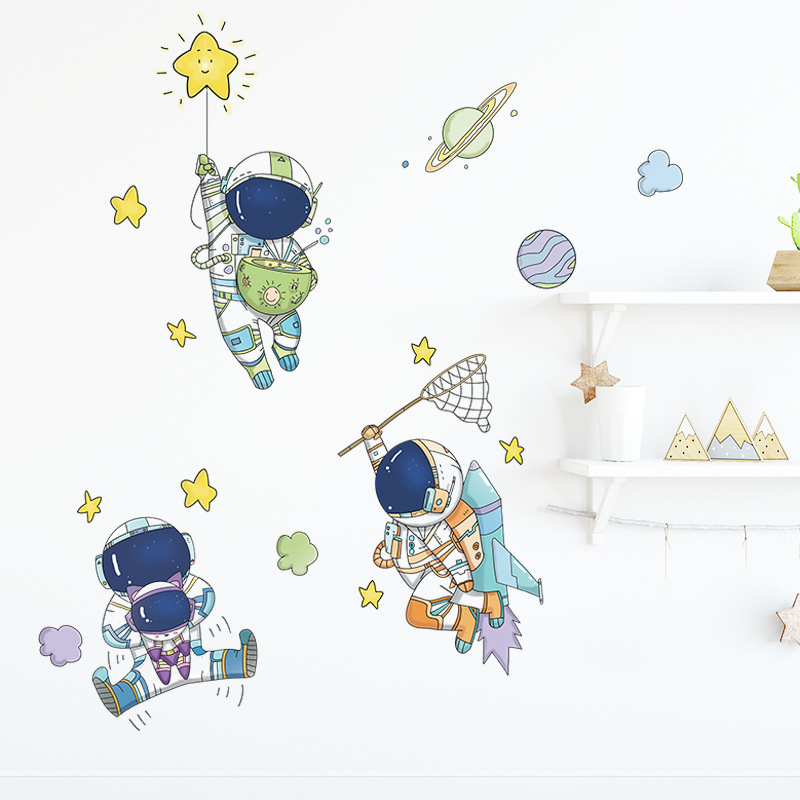 Cartoon Astronauts Catch Stars Wall Stickers for Kids Room Bedroom Nursery Decorative Wall Decal