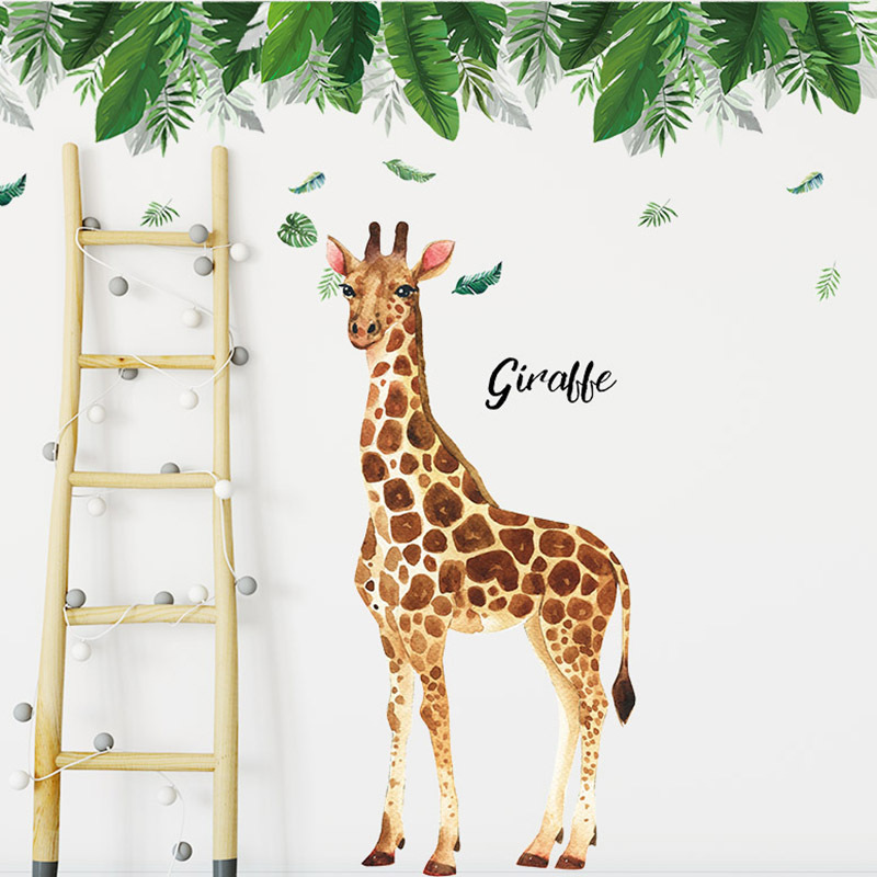 Tall Large Giraffe Green Leaves Wall Stickers for Kids Baby Room Bedroom Home Decoration Wall Decal