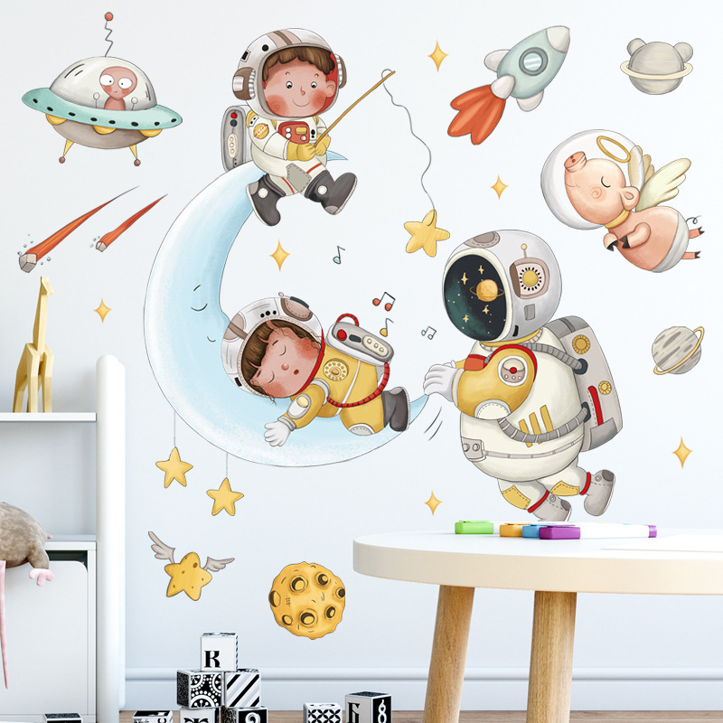 Cartoon Astronaut Outer Space Moon Wall Stickers for Kids Room Bedroom Decoration Wall Decal