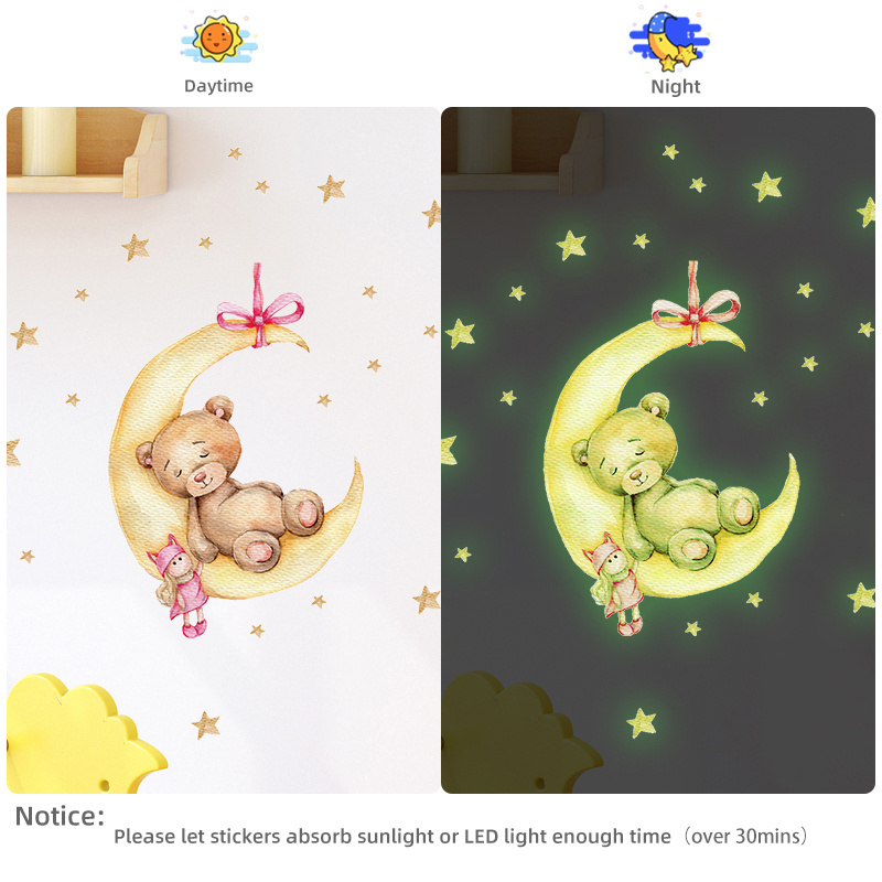 Tiny Cute Luminous Wall Stickers Teddy Bear on the Moon Stars Glow in the Dark Wall Decals for Kids Room Baby Nursery Home Decor