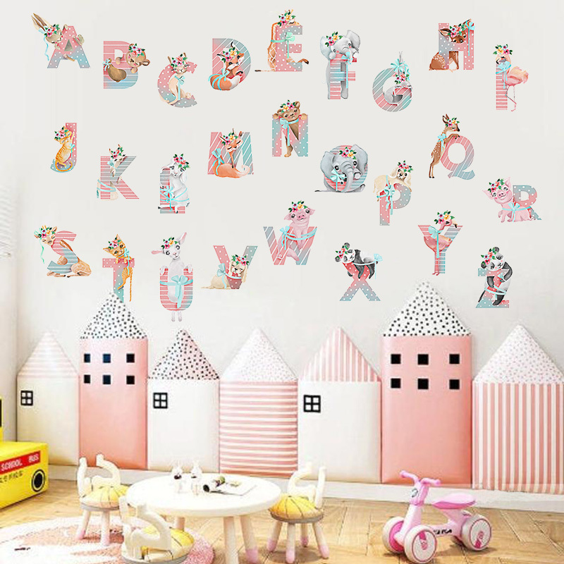 Pink Animals Alphabet Wall Decal for Kids Room Living Room Nursery Decorative Wall Sticker