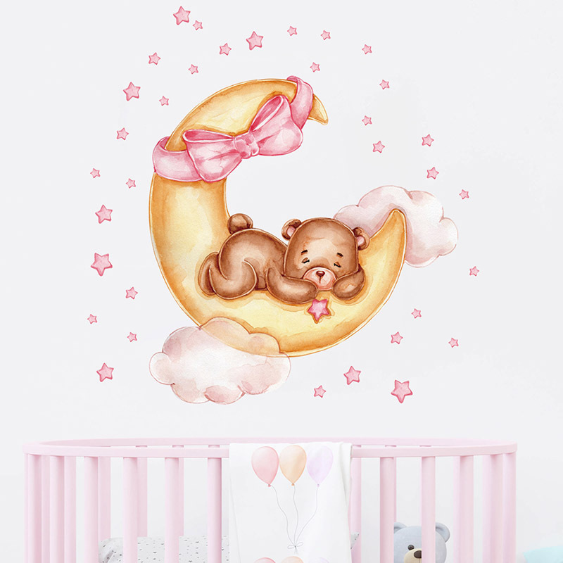 Cartoon Golden Moon Teddy Bear Pink Star Hair Band Wall Stickers for Kids Room Bedroom Nursery Decoration Wall Decal